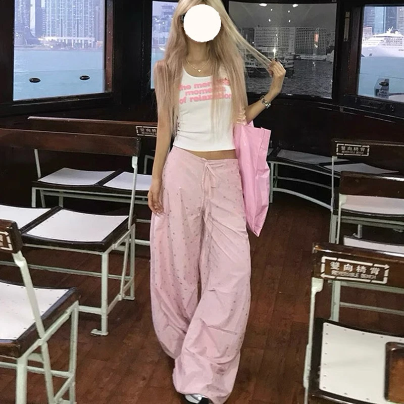 Y2K ピンクカーゴパンツ女性ストリートスタープリントだぶだぶのスウェットパンツギャル原宿ワイドレッグジョガー夏のファッションカジュアルズボン