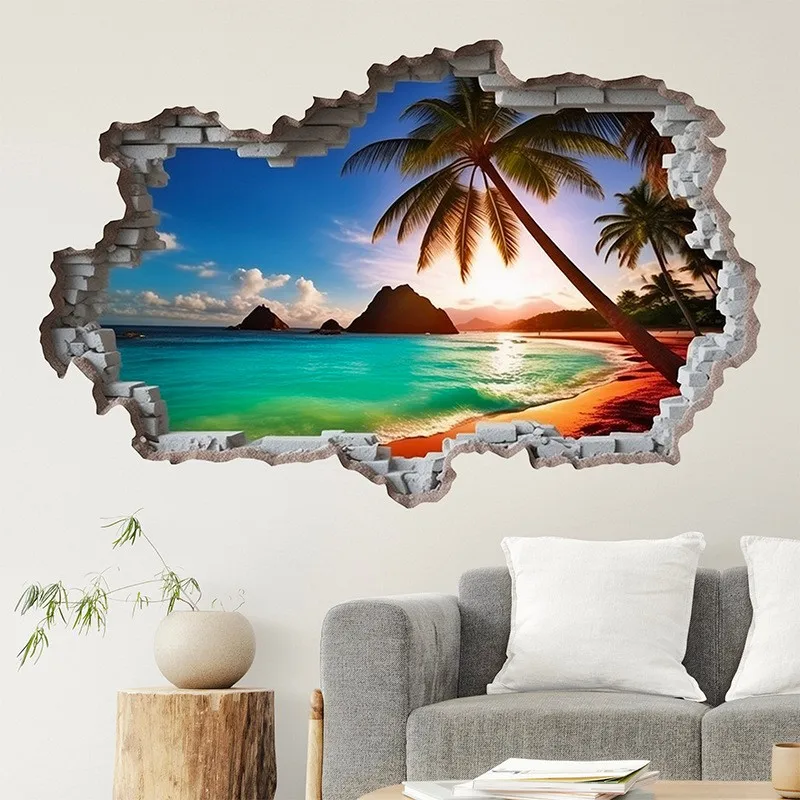 Sunrise Sea View Mural Broken Wall Hole Art Blue Water Beach Palm Tree Vinyl Poster Stickers for Home Decoration Aesthetic Rooms