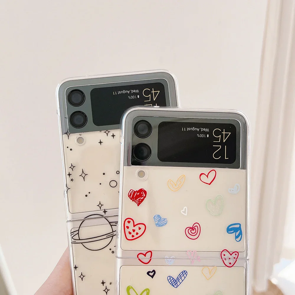 Love Heart Universe Planet Transaprent Case for Samsung Galaxy Z Flip 5 ZFlip 6 Clear Cover for Samsung ZFlip 4 ZFlip 3 7 Fundas