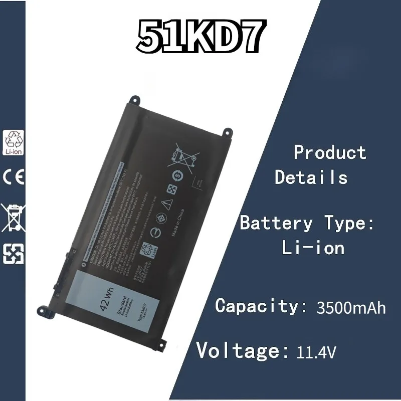

Brand New 11.4V 3500mAh 51KD7 Laptop Battery For Dell 51KD7 Chromebook 11 3180/3189 Y07HK P26T notebook battery 3 Cells