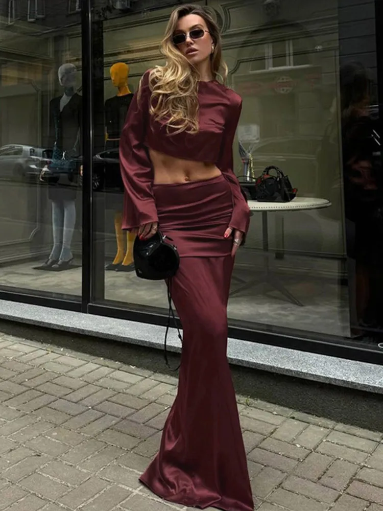 Satin Crop Top Long Skirts 2 Piece Set Women Elegant Long Sleeve Tops Suit With Mid Waist Skirt Lady 2025 Party Evening Outfits