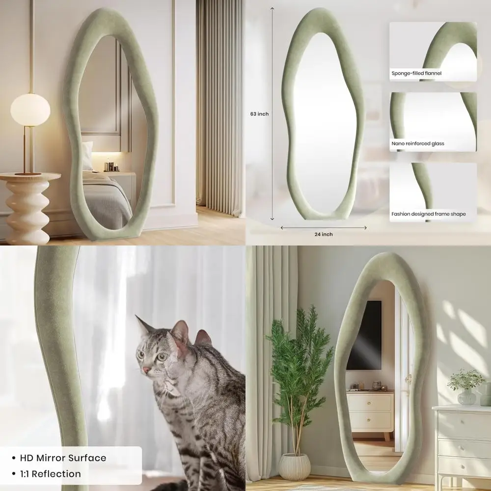 مرآة لكامل الجسم مثبتة على الأرض مع حامل، إطار من الفلانيل المريمية مقاس 63 × 24، معلق على الحائط، شكل غير منتظم، مثالي لديكور المنزل