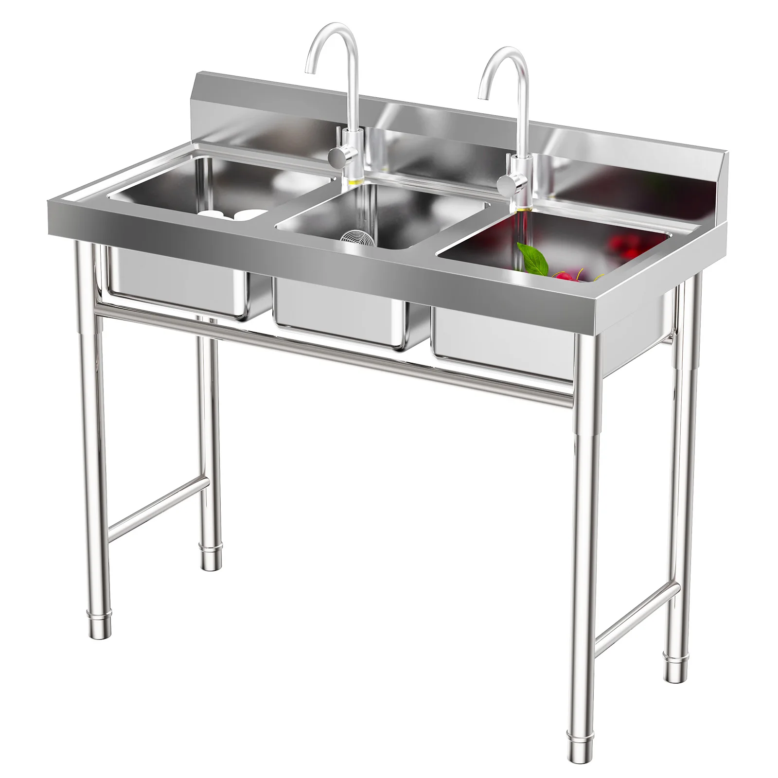 

Free Standing Kitchen Sink 3-Slot Stainless Steel Sink Commercial Restaurant Kitchen Utility Sink Set with 2 Faucets