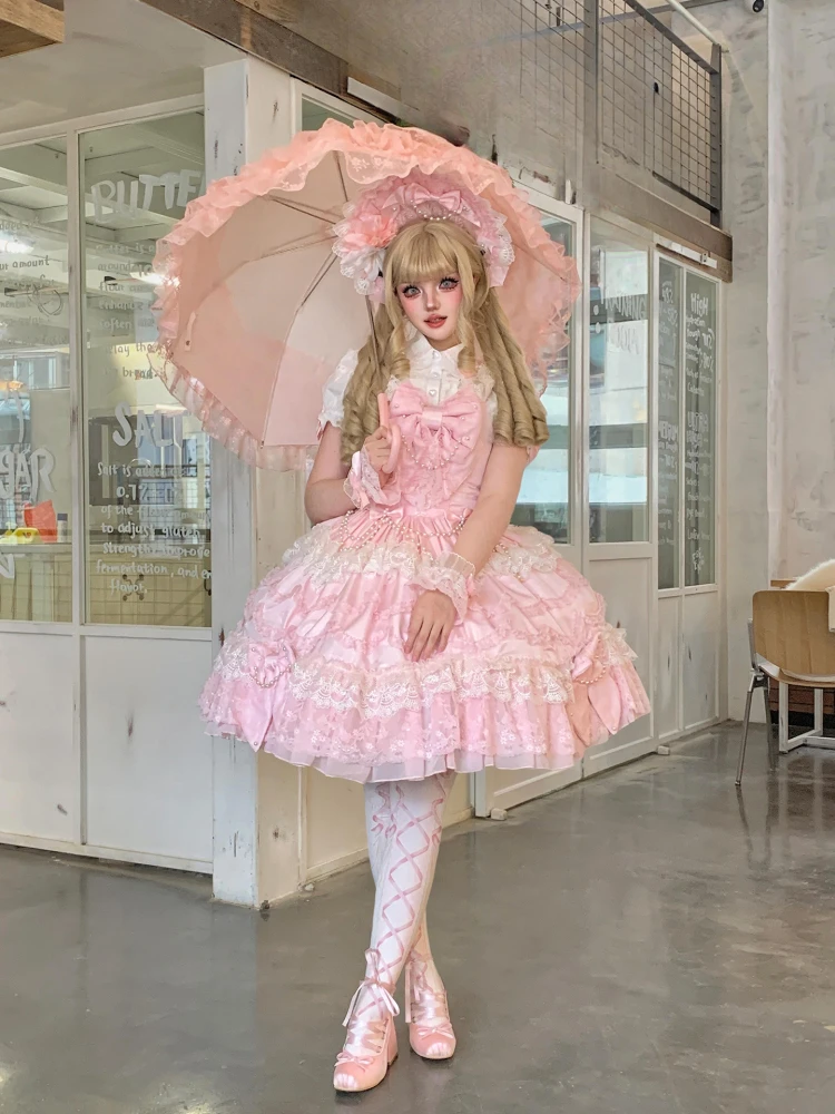 Industrie lourde magnifique princesse robe de fête d'anniversaire 3D arc perle chaîne dentelle épissage doux mignon rose Lolita robe courte femmes