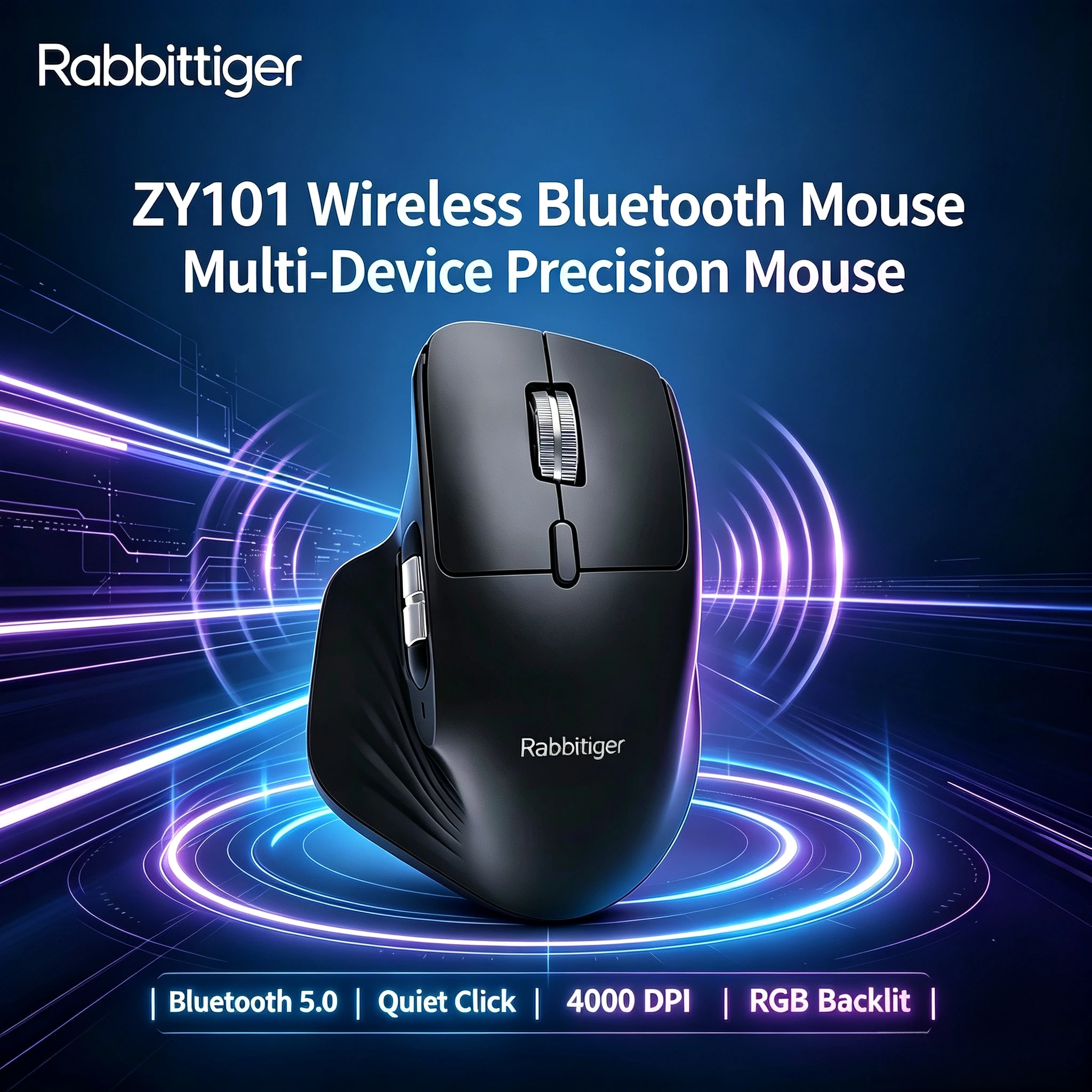 Hot ZY101 Multi-Mode Rechargeable Wireless Mouse Ergonomic RGB Backlight Bluetooth 2.4G 4000DPI Multi-Device Laptop Mouse.