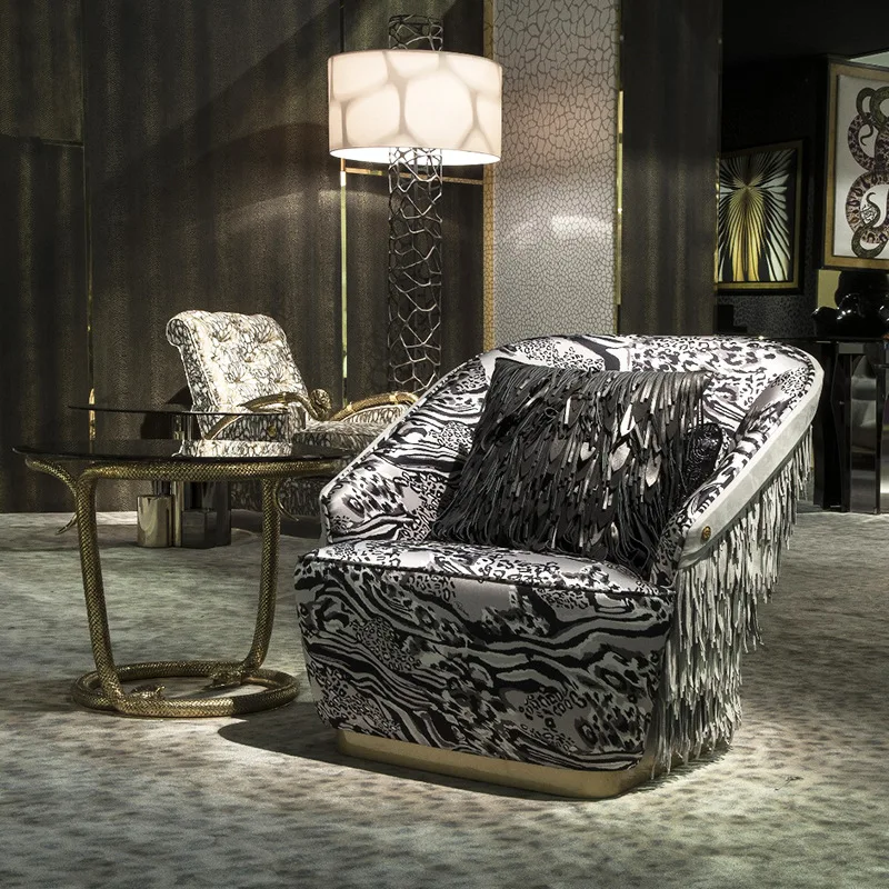 Italy Handmade Modern Accent Lounge Chair High Quality Soft Leopard Print Tassel Casual Villa Apartment Leisure Living Room