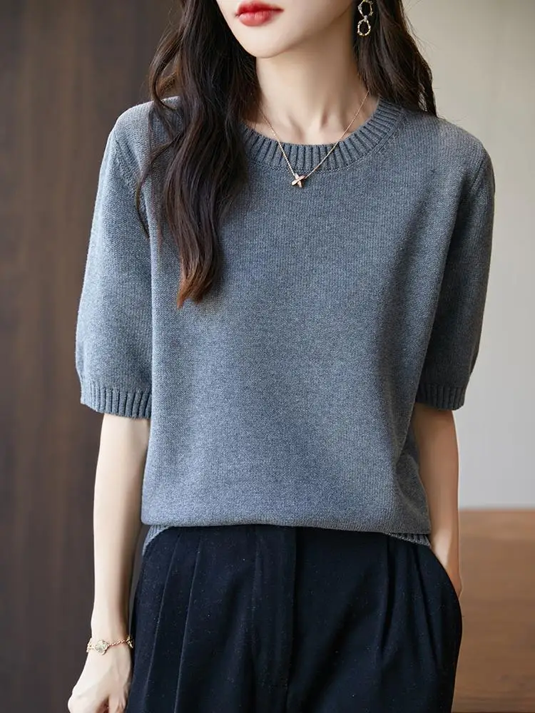 

100% хлопковый утепленный свободный вязаный свитер с коротким рукавом для женщин, повседневный, удобный, мягкий хлопковый топ с коротким рукавом