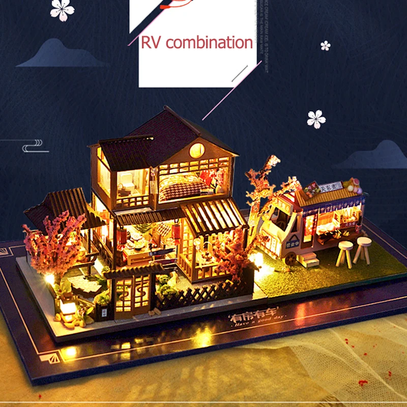 Cutebee DIY Dollhouse Kit Japanese Garden RV Wooden Miniature Doll house Toys for Children Girls Adult Girls