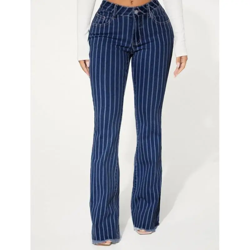 クロスボーダー新作デニムストライプフレアパンツローウエストスレ他素材00％PVCカジュアルパンツ中年女性向け