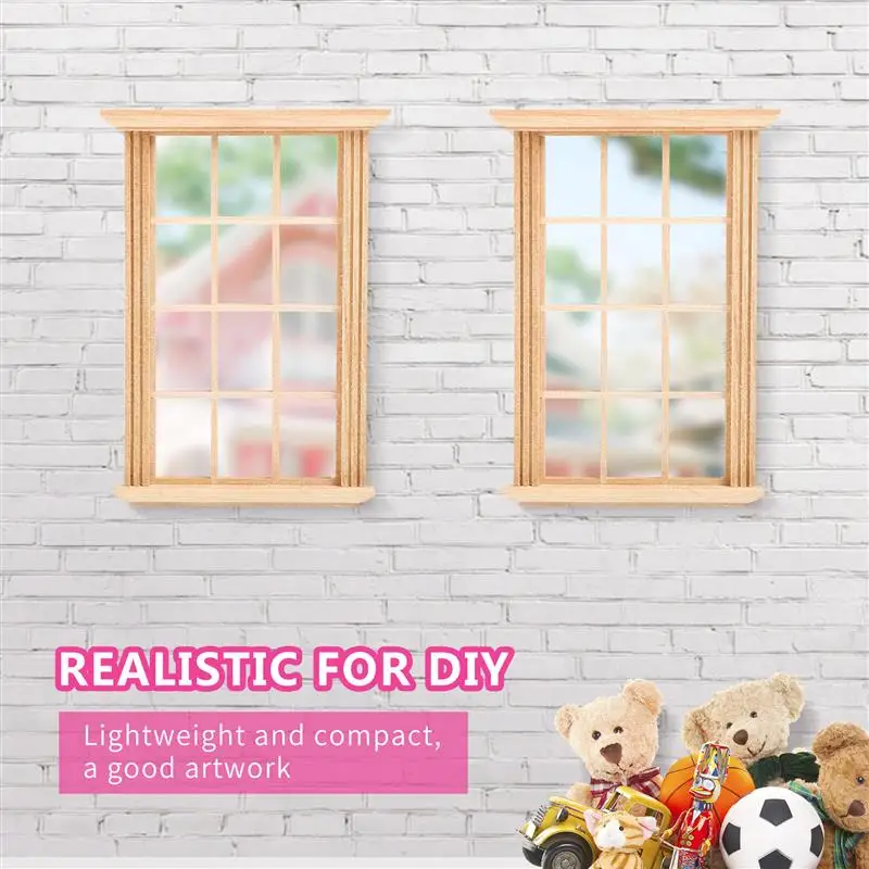 2pcs House Window Frame Ornament Wood Window Miniature Window Figurine Model Shutters Blind Window Kids 11.5x8.3x2cm