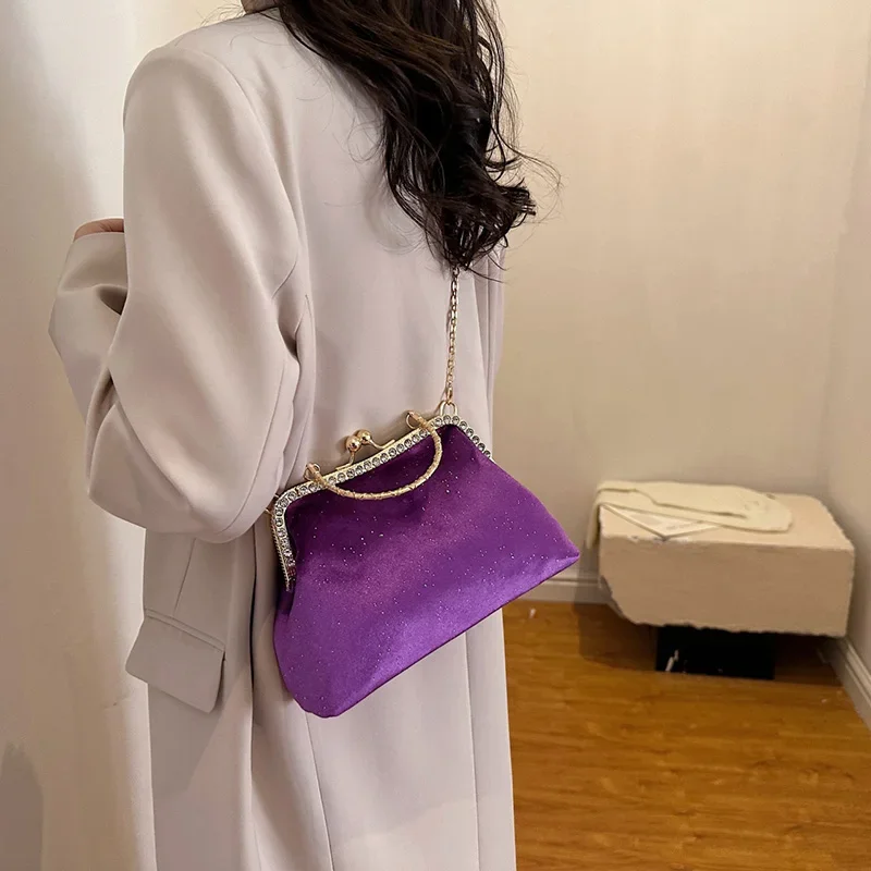 2024 Retro Women Velvet Chain Messenger Bags Shell Clip Vintage Metal Hand Crossbody Bags Clutch Purple Blue Handbags And Purse