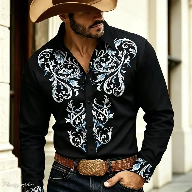 Vintage Floral Pattern 3D Printed Men's Shirt Western Cowboy Style Collared Long-Sleeve Button-Up Casual Fashion Shirt