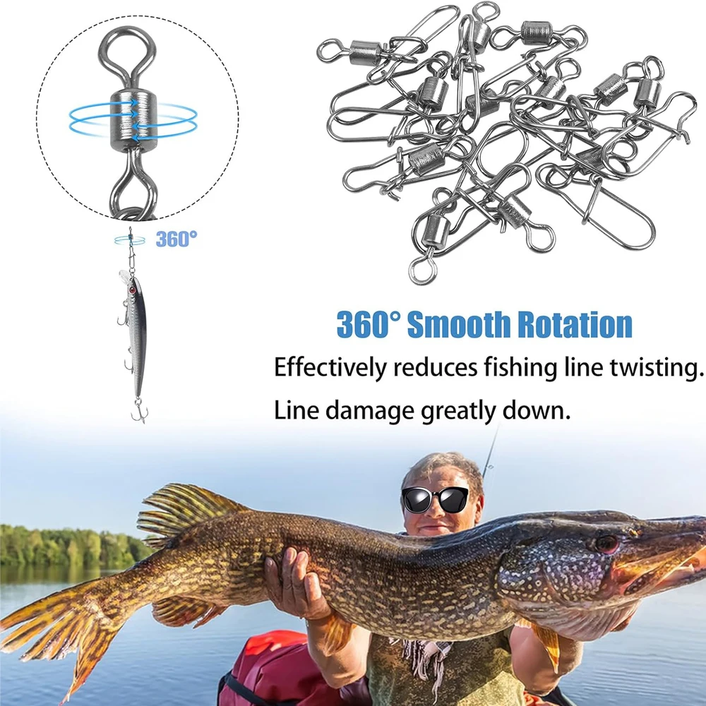 55Pcs Fishing Swivels Snap Rolling Barrel Swivels with Duo lock Clips Stainless Steel Quick lure Fishing Connector Tackle