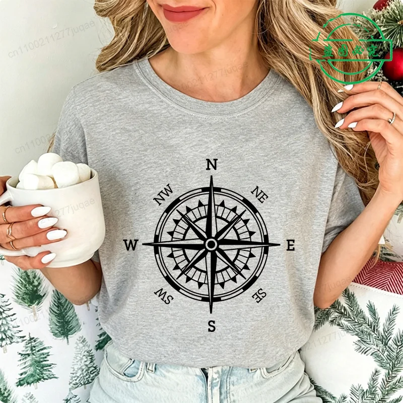 Compass Shirt for Women Funny Adventure T-Shirt Camping Tee Shirts Clothing Short Sleeve Female T-Shirt Hiking Fashion Clothes