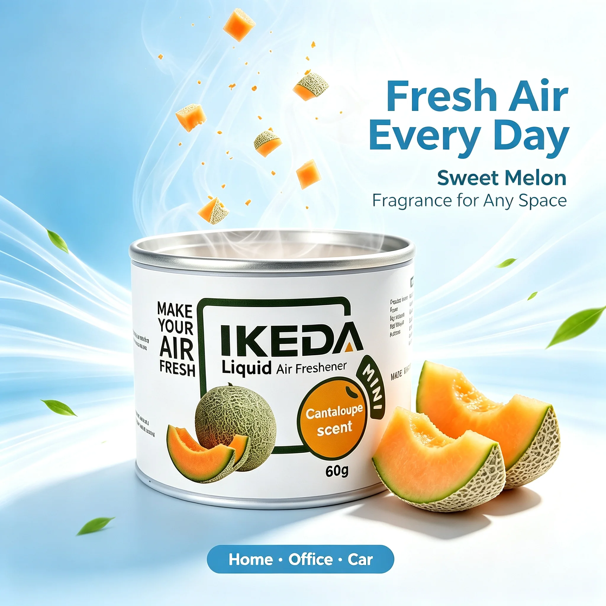 IKEDA 60g Portable Liquid Air Freshener Cantaloupe Scent Long Lasting Odor Eliminator for Car Home Office Mini Air Freshener