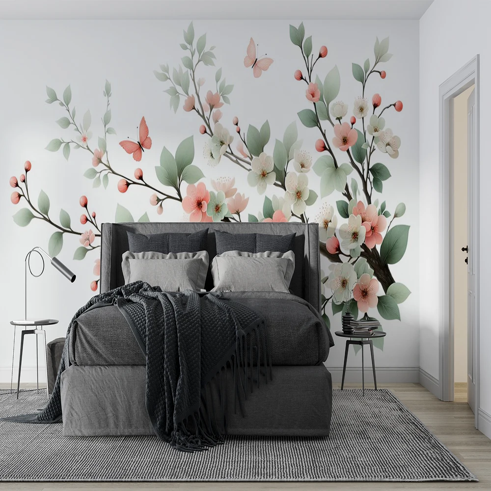 Customized 3D hand-painted plum blossom butterfly background wall mural wallpaper