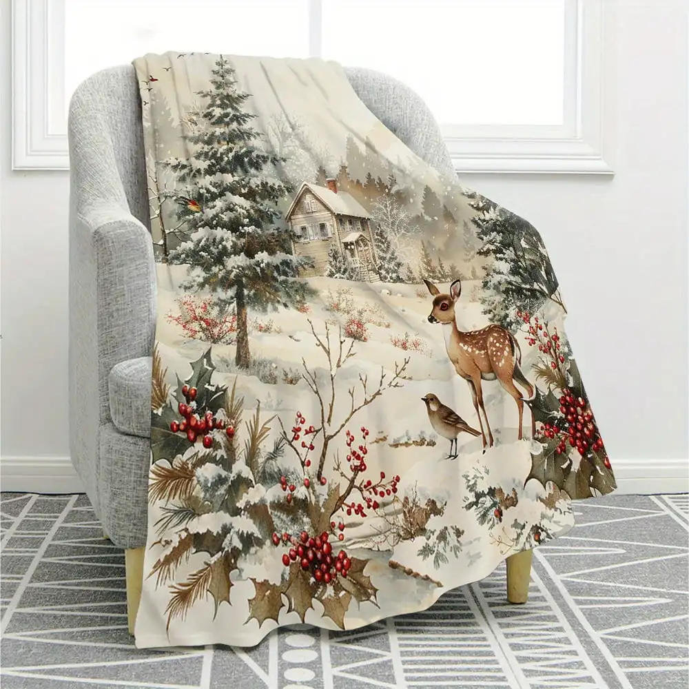 Winter Whimsy Fleece Throw Blanket with Deer and Birds Soft Plush and Cozy for Chilly Nights Perfect for Snuggling Up