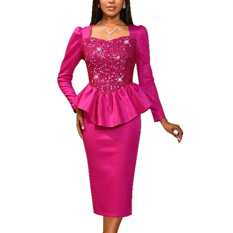 

Sequin African Party Evening Dresses for Women Autumn Fashion Long Sleeve Square Collar Bodycon Midi Dress Africa Clothing