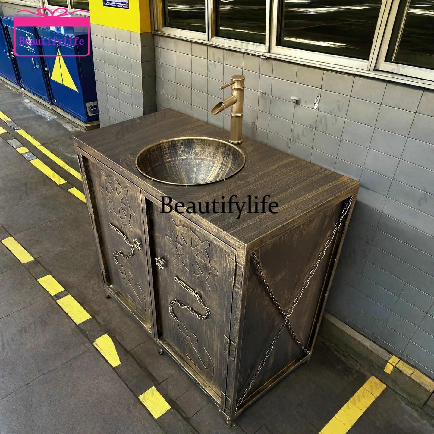 A17 Retro industrial style washbasin creative bar washbasin floor integrated column cabinet washbasin
