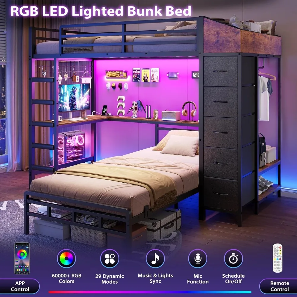 سرير بطابقين مزدوج مع شجرة القاعة، ومحطة شحن وأضواء LED، وسرير بطابقين على شكل حرف L مع مكتب، و5 أدراج تخزين، مزدوج B