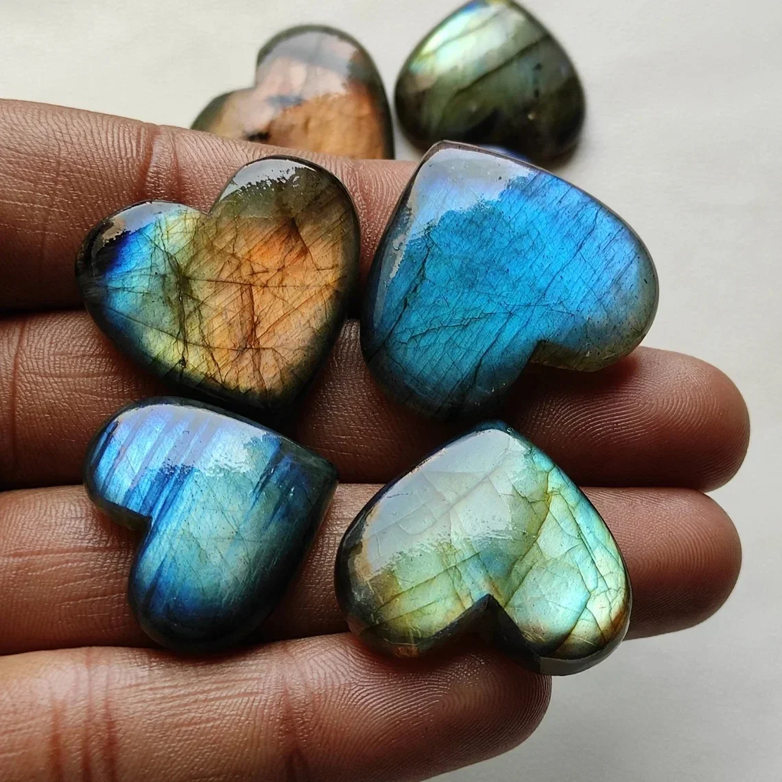 2-Piece Natural Labradorite Heart Cabochons, Smooth Polished Flat Back Gemstones for Jewelry Making, Wire Wrapping & Crystal Pen