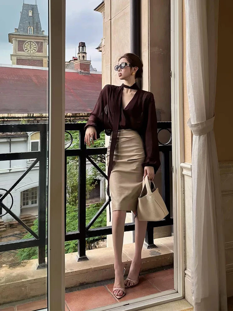 

Syj ujia plus Size V-Ne irt And High Waist Wrap Skirt Set Korean Sle Slim Fit Autumn Faion for Pear aped Women