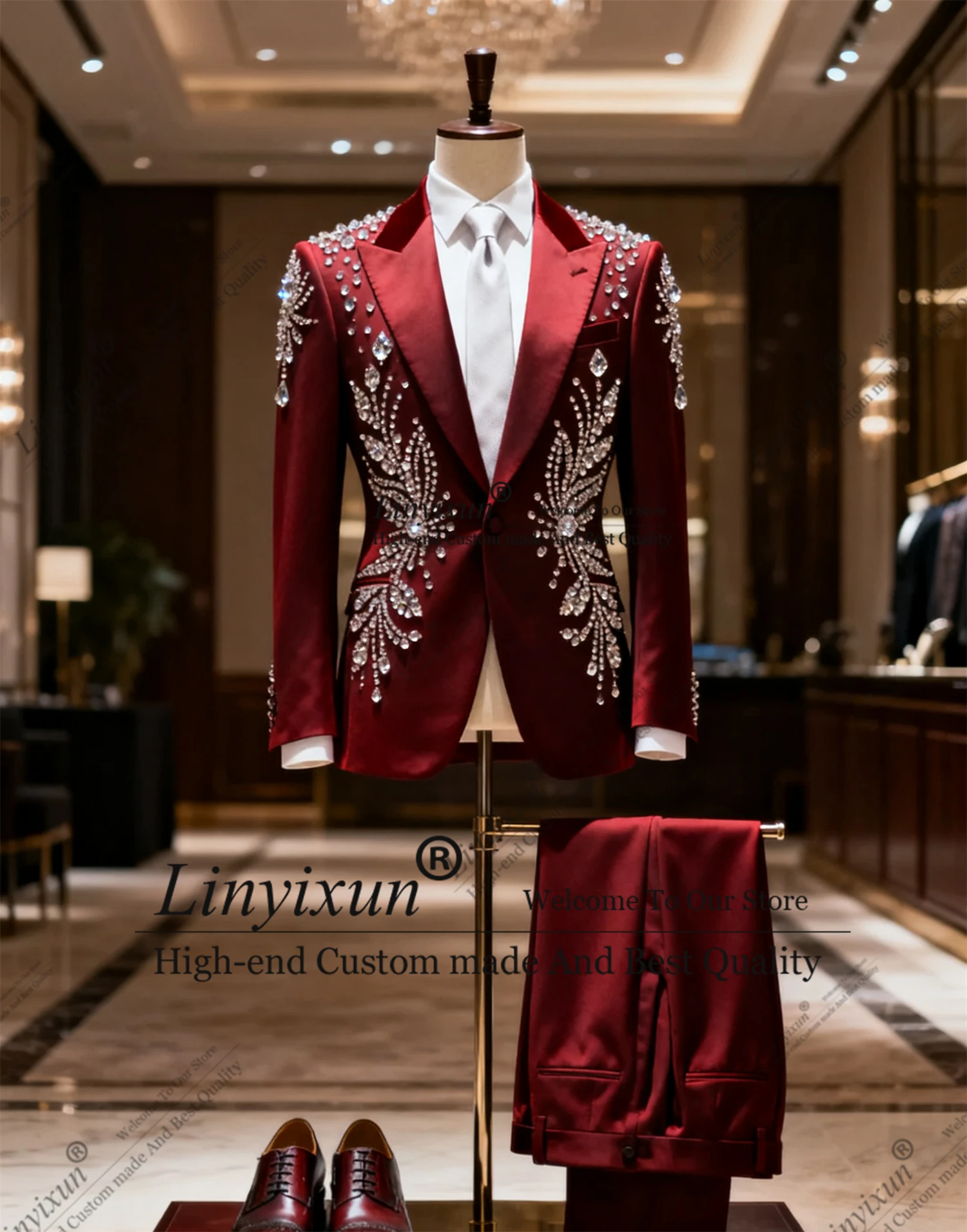 

Luxury Gem Crystals Men Suits 2 Pieces Sets Wedding Groom Tuxedos Slim Fit Male Prom Blazers Customized Outfit Costume Homme