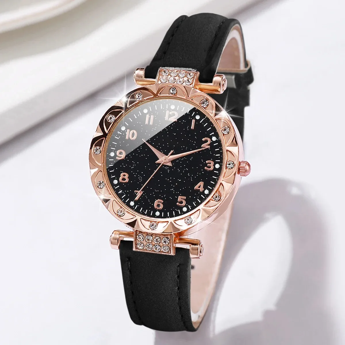 5pcs/set Fashion Women Leather Band Quartz Watch & Beads Bracelet Set