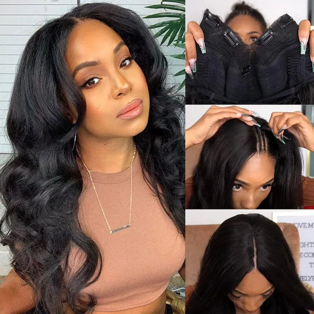 V Part Body Wave Wig Machine Made Human Hair 220% Density V Part Wigs With Drawstring No Sew Human Hair V Shape Wig For Women Natural Color