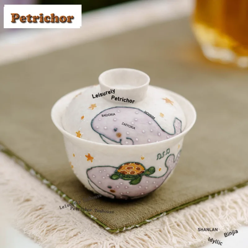 HOYIHM 125ml Hand Painted Whale Sea Turtle Gaiwan Zen Tea Tureen Tea Bowl With Lid Kit Tea Maker Cover Bowl Kung Fu Tea Set