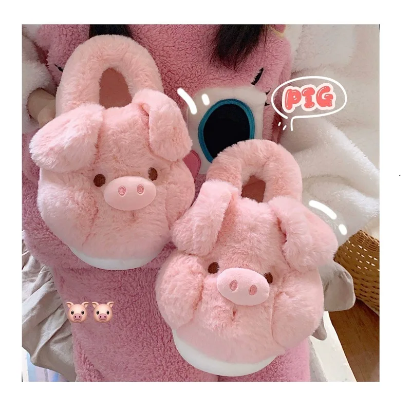 

New pink piglet slippers woman fluffy fur slides maternity closed back slipper women's winter downy home shoes cloud slipper mom