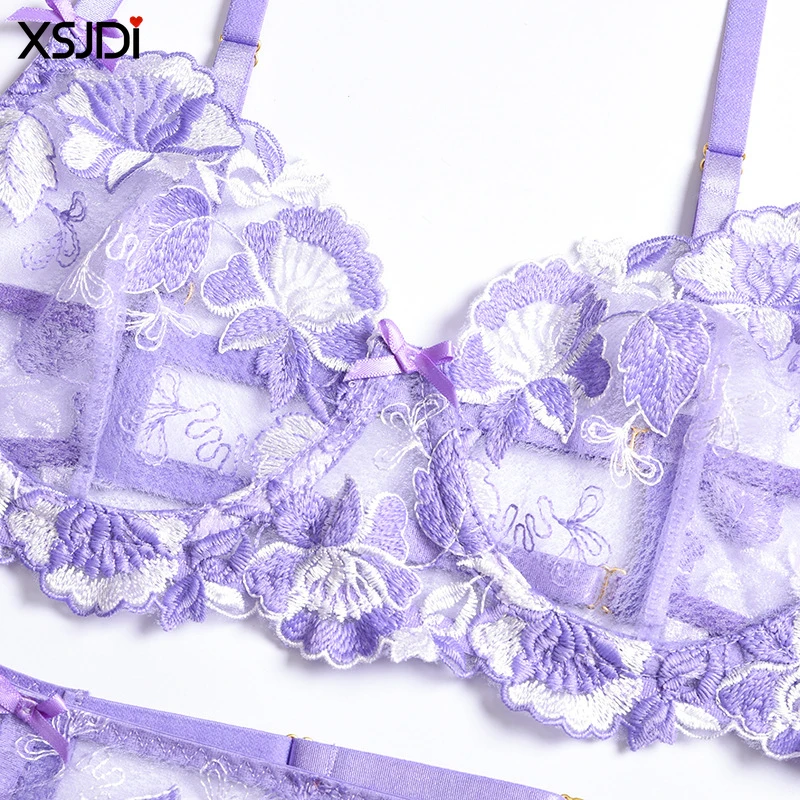 Exquisite Sexy Floral Lingerie Set Lace Transparent Bra Set Push-up Bra Thong Garter Belt 3PCS  Sexy Lingerie Underwear Set