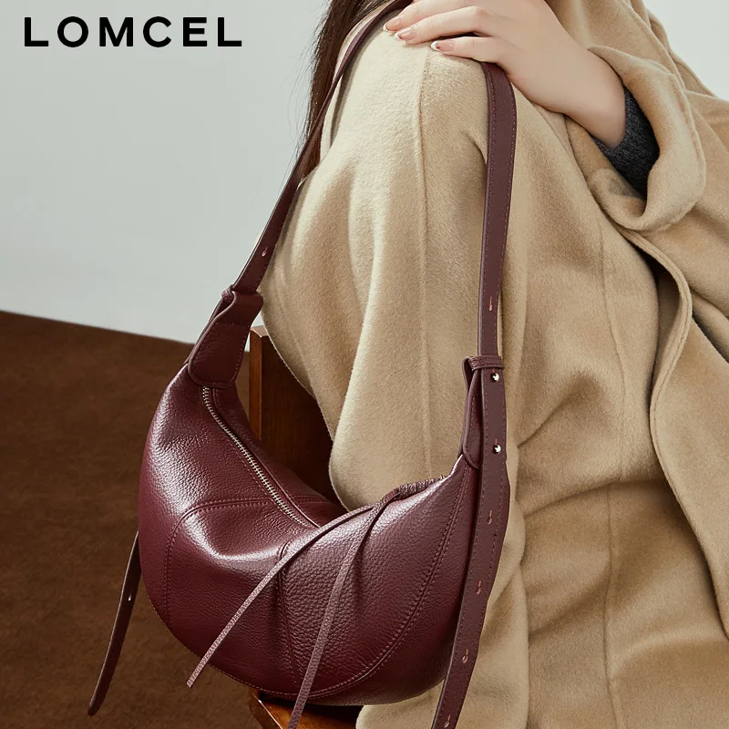LOMCEL 155 Top layer cowhide cow horn bag with slanted crossbody design for dumpling bag. New style genuine leather small-sized