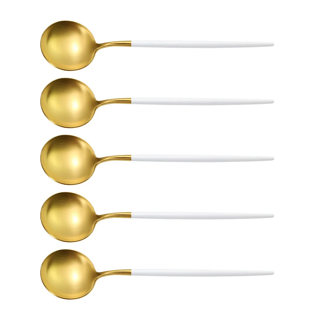 

5Pcs Stainless Steel Round Soup Spoons Small Portable Coffee Spoons Kitchen Supplies Easy Clean Kitchen Essentials