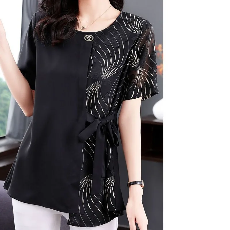 Women\'s Clothing Pullover Summer Pullover Chiffon Embroidered Geometric Short Sleeve Drawstring T-shirt Fashion Elegant Tops