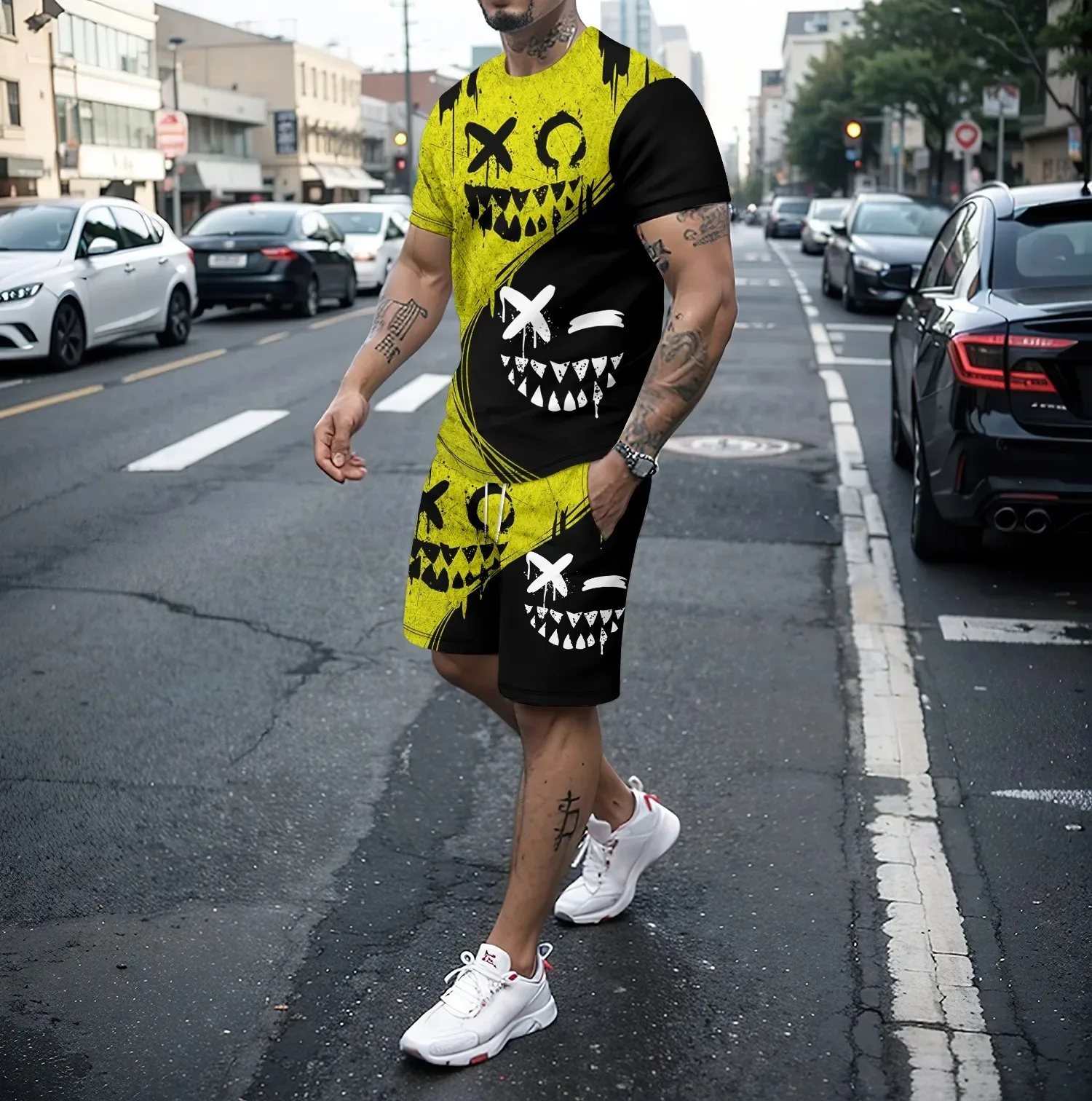 Summer Round Neck Short Sleeved t-Shirt And Shorts Set Men\'s 2-Piece Set 3d Funny Smiling Face Pattern Casual Street Sportswear