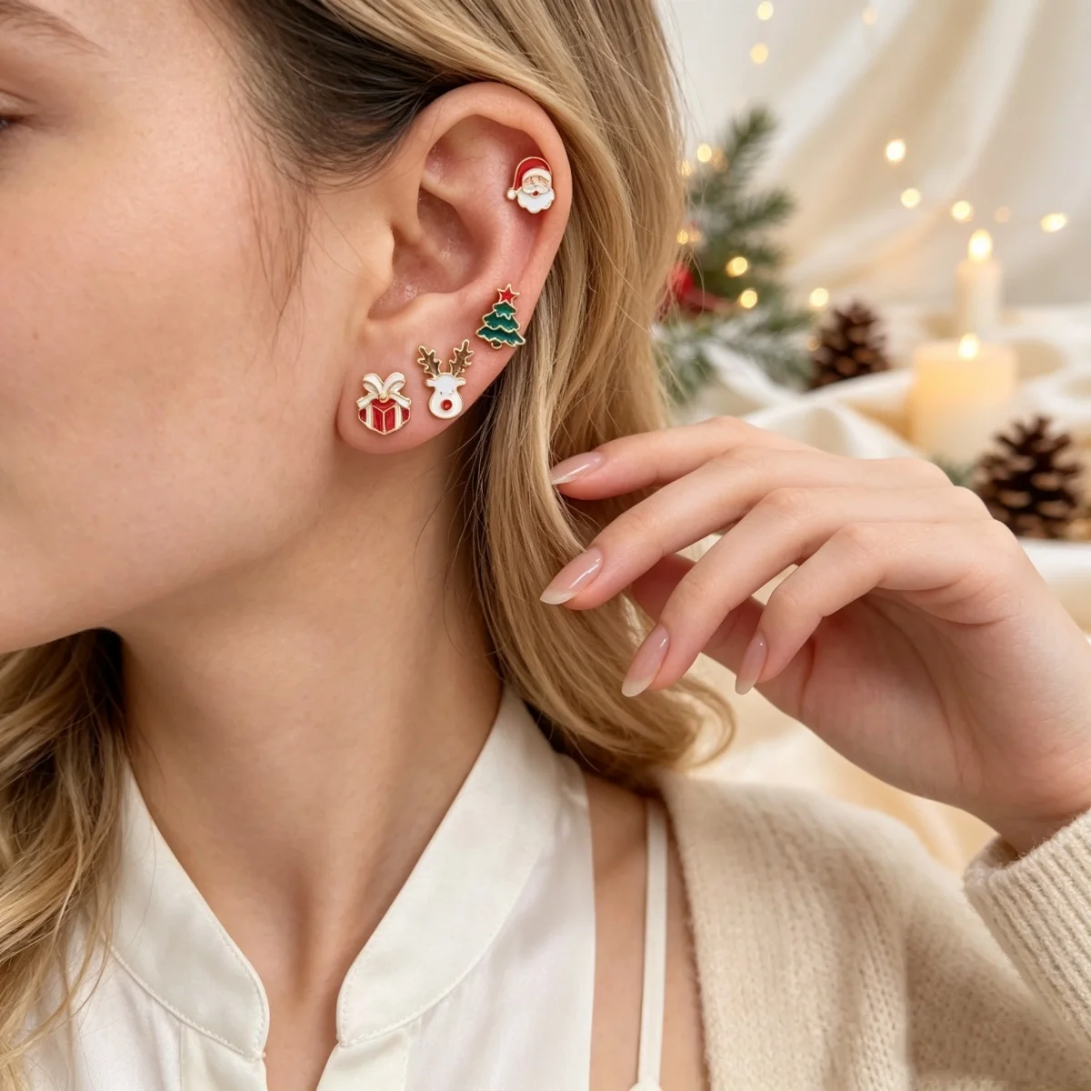 4 Paar/Set Süße Mini-Weihnachtsbaum-Weihnachtsmann-Hirsch-Emaille-Ohrstecker für Frauen Niedliche Elch-Geschenkbox-Ohrringe Weihnachtsfeier-Schmuck – Detail 15