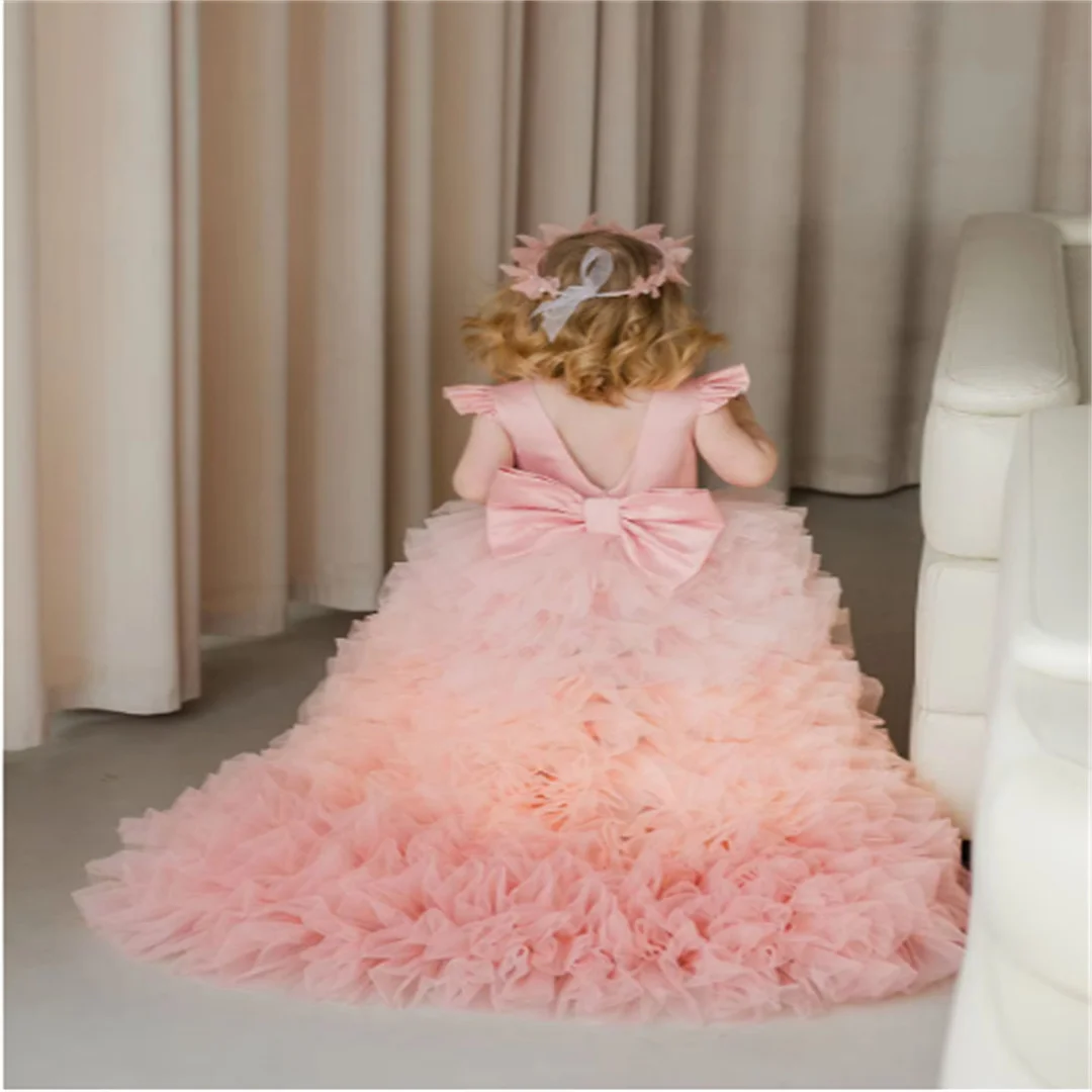 Tulle Tiered Pageant Dress With Train Toddlers Open Back Flower Girl Dresses Infant Kids Satin Bow Communion Party