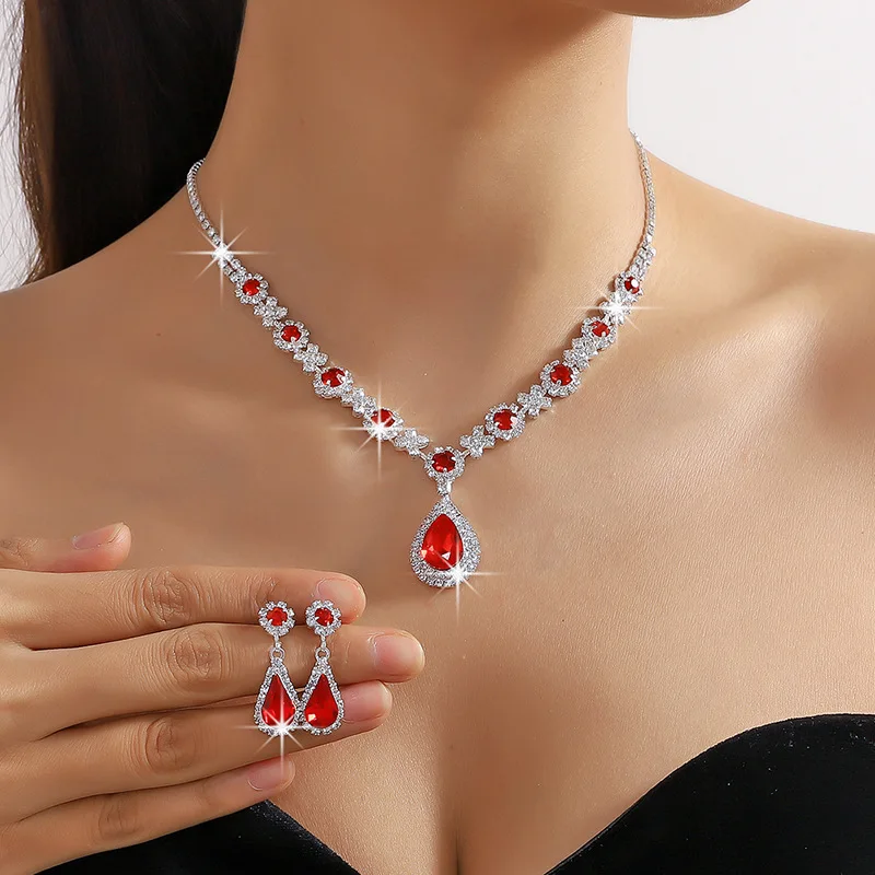 Fashion Diamond Necklace Earrings Set for Women Colorful Water Drop Crystal Luxury Choker Bridal Wedding Party Jewelry Gift