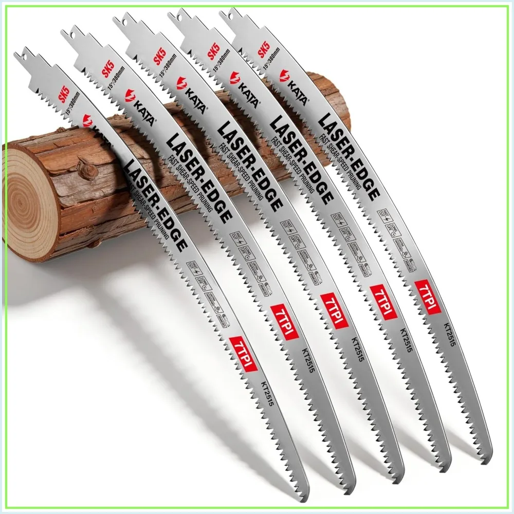 

15 Inch Wood Pruning Reciprocating Saw Blades, Arc Edge SK5 Japanese Teeth, 7TPI Fleam Ground Teeth Curved Blades for Tree Trimming, Wood Cutting, 5-Pack