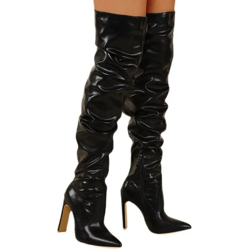 

Новый дизайн, сапоги выше колена из искусственной кожи, модные подиумные ботинки на странном высоком каблуке, пикантные женские туфли на молнии с острым носком, женские сапоги