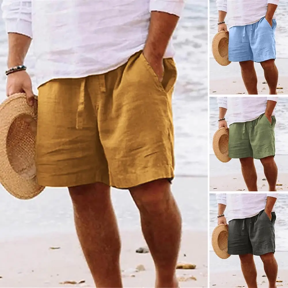 Mid-Rise Elastic Waist Drawstring Men Shorts Pockets Straight Wide Leg Knee Length Short Pants Solid Color Loose Beach Shorts