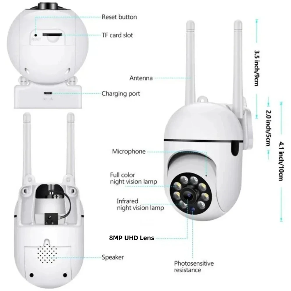 8MP WiFi Security Camera 2.4G Home Surveillance with PTZ IR Night Vision Motion Detection Child Monitoring 2 Antennas