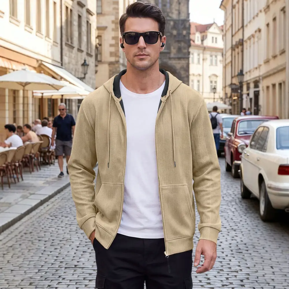 Mens Hooded Waffle Cardigan Oversized Streetwear Autumn Jacket Casual Long Sleeve Sports Hoodie Pocket Fashion Tops