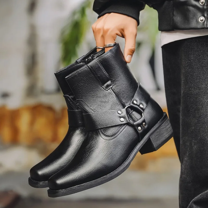 Retro Men's Boots Classic Brown Western Cowboy Boots Side Zipper Men's Ankle Boots Quality Leather High Top Booties Botas Hombre