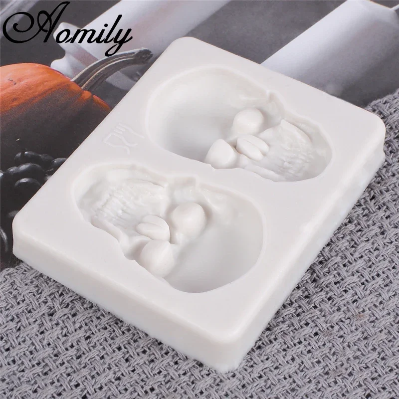 Aomily Skull Shaped Silicone Molds Tricky Halloween DIY Handmade Fondant Cake Mold Sugar Craft Chocolate Moulds Tools Cake Decor