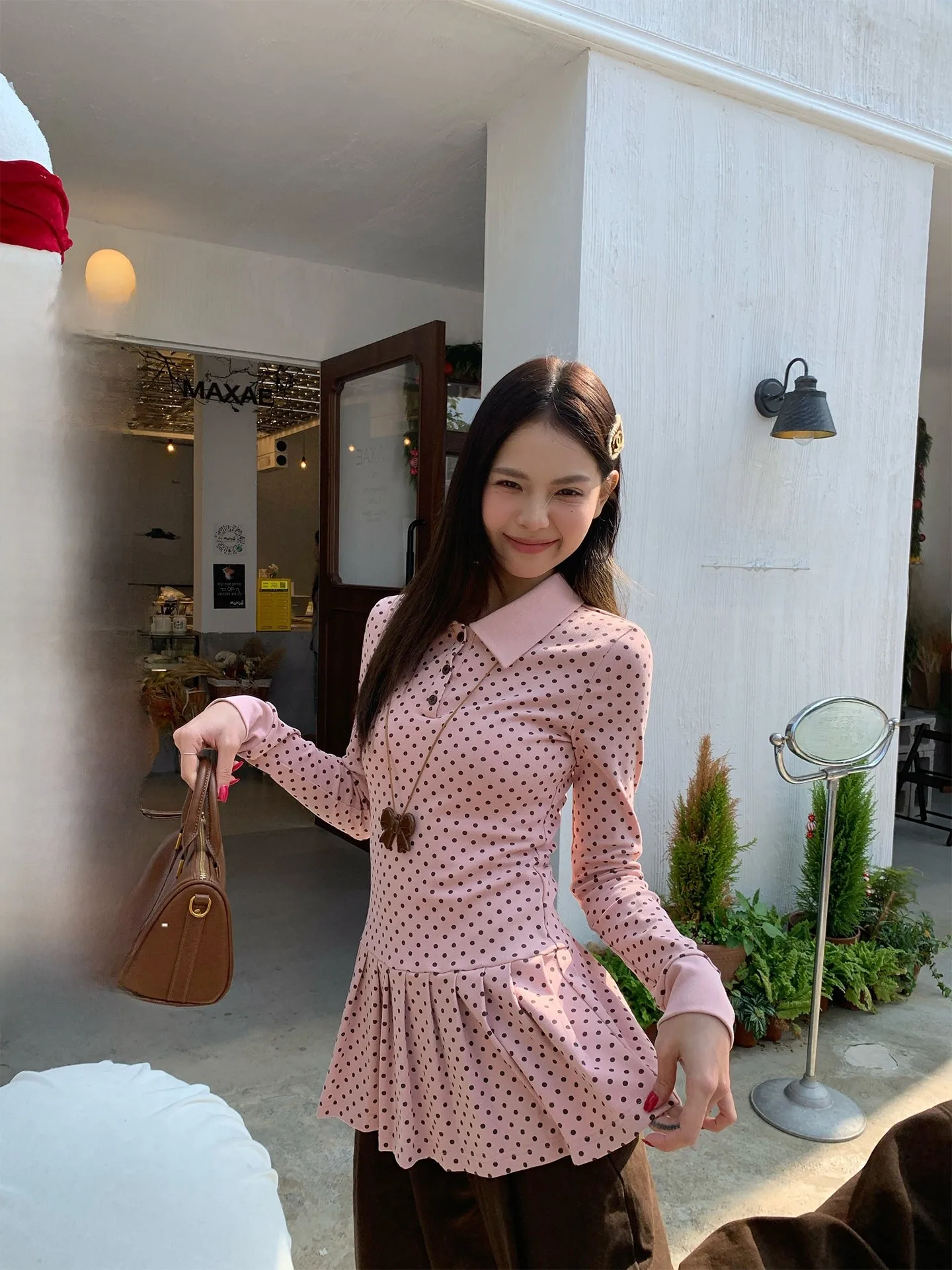 

Spring Design Slim Fit Long Sleeve Neck Base Shirt Women's Inner Wear Dot Pattern T-Shirt Korean Style Commute Wind