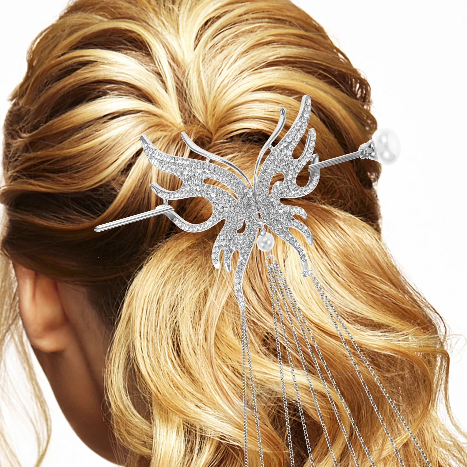 

Elegant Butterfly Hair Stick Long Tassel Alloy Chignon Pin Bun Hair Holder Wedding Party Decoration Accessory For Updo Hairstyle