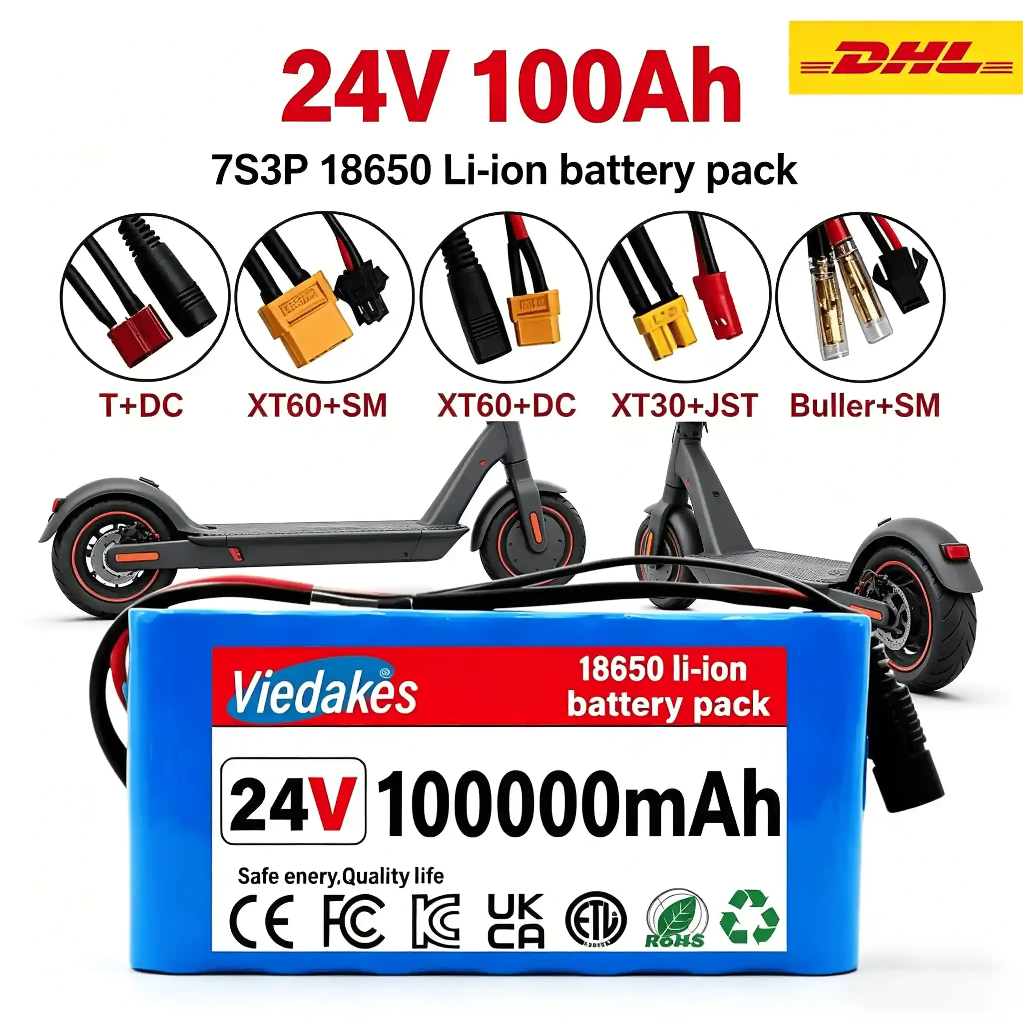 

VIEDAKES 24V 100Ah 7S3P 18650 Li-ion Battery, Rechargeable Lithium Battery Pack for Wheelchair, RV, Solar System, Fast Delivery