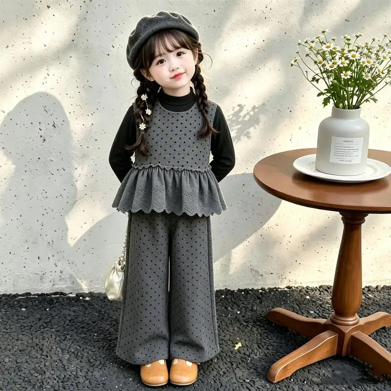 Girls Long Sleeved Undershirt Vest Straight Leg Pants Set Spring Autumn New Item Vest Polka Dot Wide Leg Pants Three Piece Set